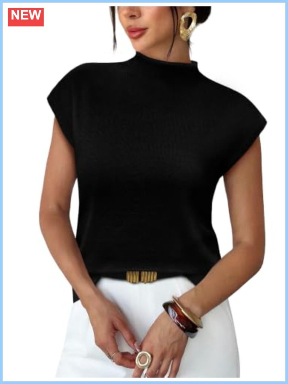 Mock Neck Cap Sleeve Knit Sweater Top Dressy Casual Work Summer
